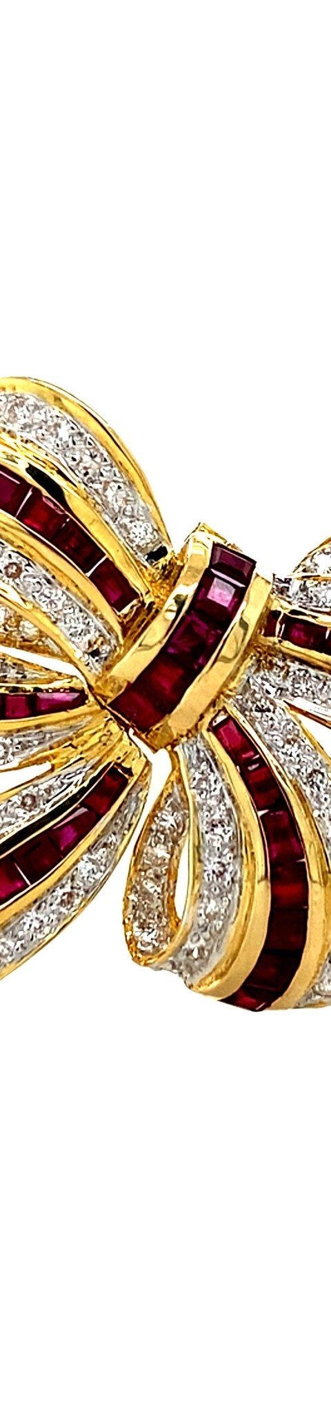 Vintage 18K Gold Bow Brooch with Ruby and Diamond